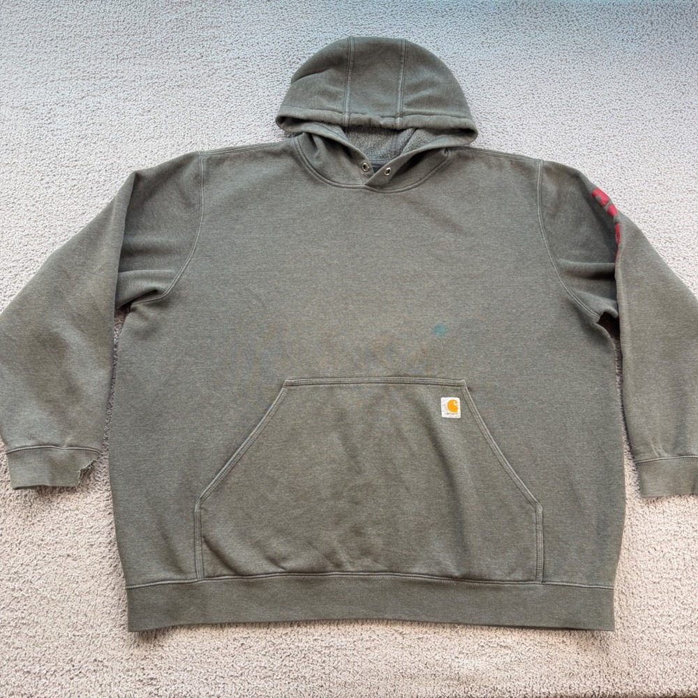 Carhartt Mens 3XL Loose Fit Hoodie Gray Red Sleeve Spellout Distressed